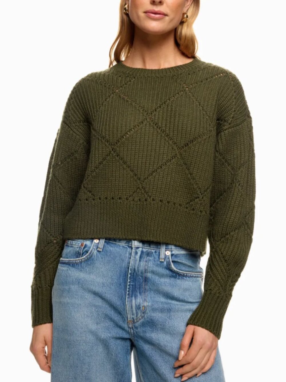 Thakoon Diamond Pointelle Top Olive Crewneck Knit Sweater